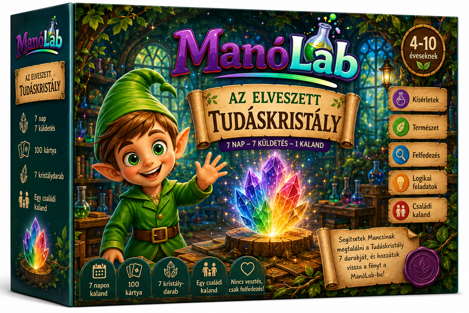 Az elveszett Tudáskristály — ManóLab készülő családi társasjáték doboza