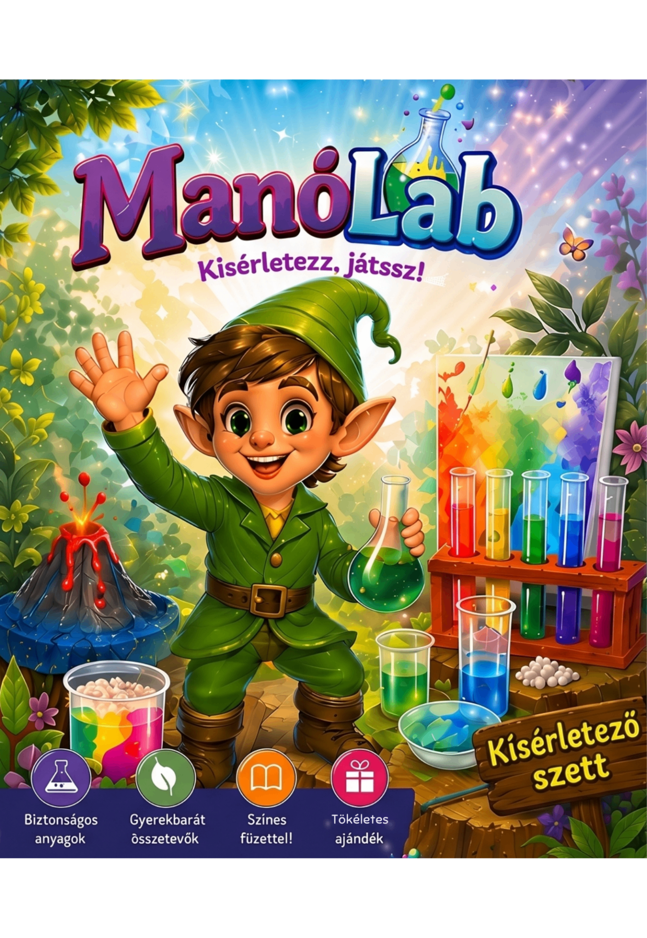 ManóLab Csodák Dobozkája kísérletező készlet Mancsi manóval a fedelén