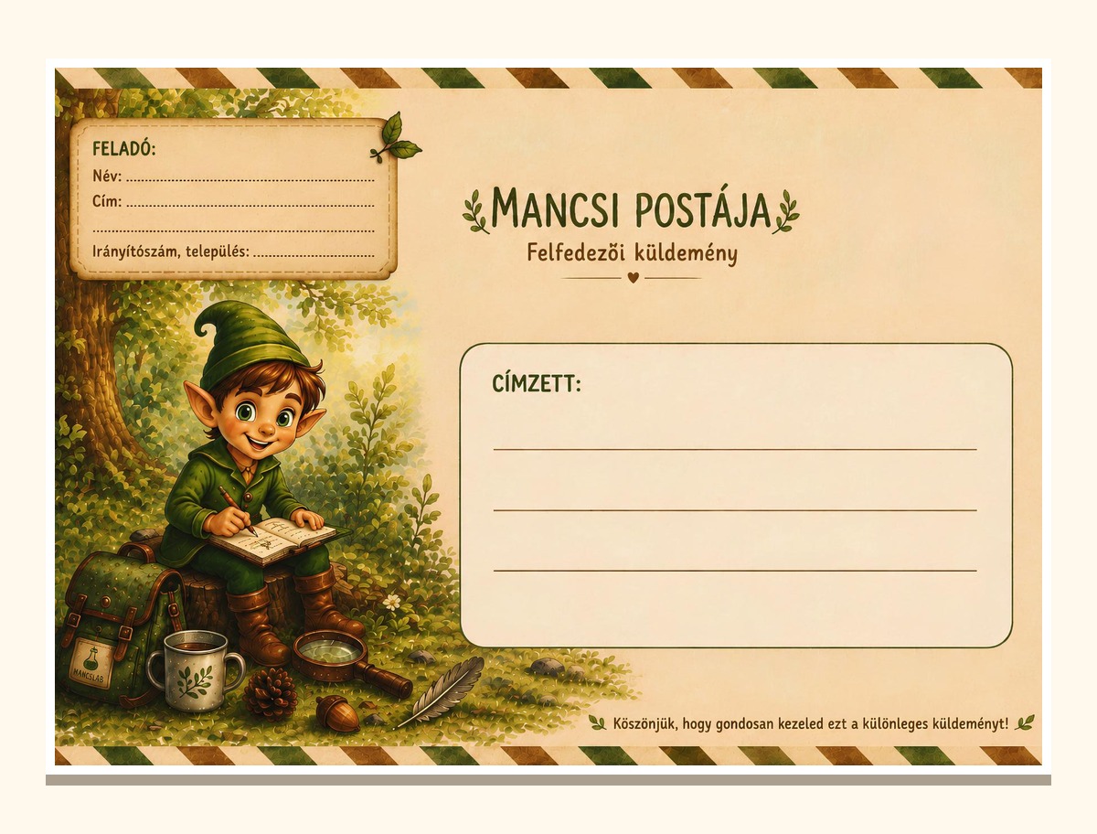 Mancsi postája boríték lila pecséttel, a címzett nevének helyével