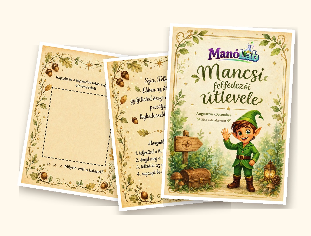 Mancsi felfedezői útlevél lila borítóval és egy belső oldalával
